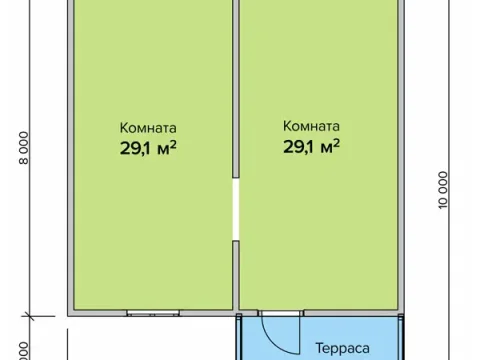 Планировка дома из бруса 67 кв.м — свободная, две комнаты по 29,1 кв.м